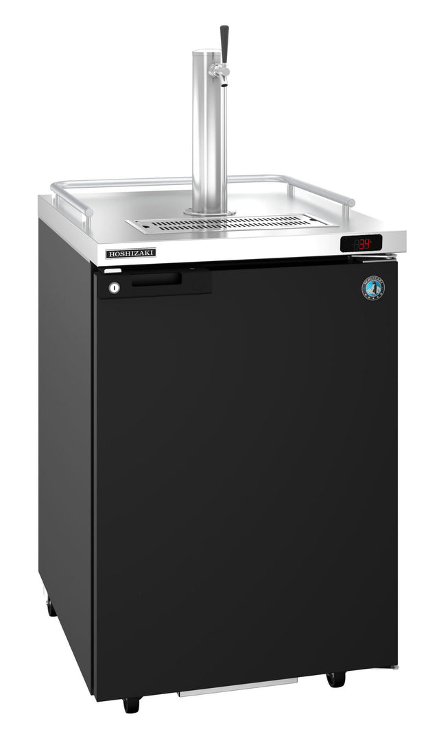 A black draft beer cooler with a stainless steel tap tower and single beer tap on top, drip tray below, front door with a small round logo, and digital temperature display on the upper right. This direct draw keg cooler stands on small wheels.