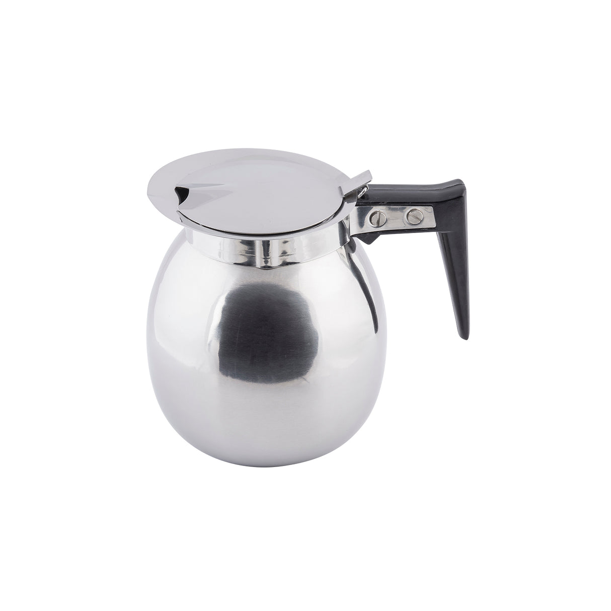 A shiny, 64 oz stainless steel coffee server with a rounded body, flat lid, and black plastic handle. The pot sits on a white background, its reflective surface capturing light and shadow. The closed lid features a small spout.