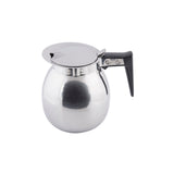 A shiny, 64 oz stainless steel coffee server with a rounded body, flat lid, and black plastic handle. The pot sits on a white background, its reflective surface capturing light and shadow. The closed lid features a small spout.