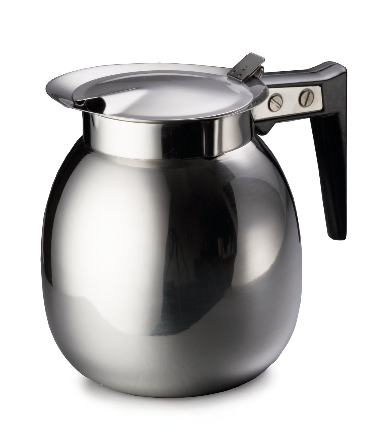 A shiny 64 oz stainless steel coffee server with a wide, round body, a black plastic handle, and a hinged lid secured by two visible screws. The pot is photographed against a plain white background.