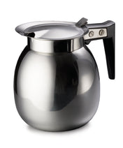 A shiny 64 oz stainless steel coffee server with a wide, round body, a black plastic handle, and a hinged lid secured by two visible screws. The pot is photographed against a plain white background.