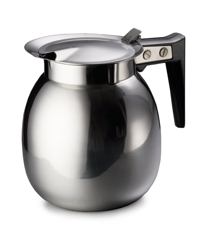 A shiny 64 oz stainless steel coffee server with a wide, round body, a black plastic handle, and a hinged lid secured by two visible screws. The pot is photographed against a plain white background.