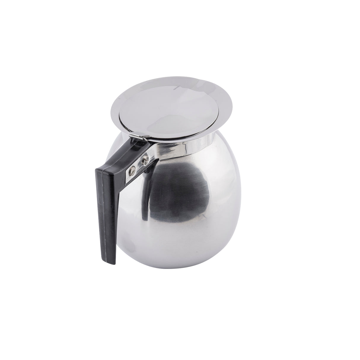 A shiny, stainless steel coffee server with a round body and a wide, flat lid. It features a black, angled handle attached to the side. This 64 oz. pot is photographed on a white background with soft reflections on its surface.