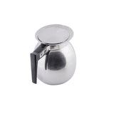 A shiny, stainless steel coffee server with a round body and a wide, flat lid. It features a black, angled handle attached to the side. This 64 oz. pot is photographed on a white background with soft reflections on its surface.