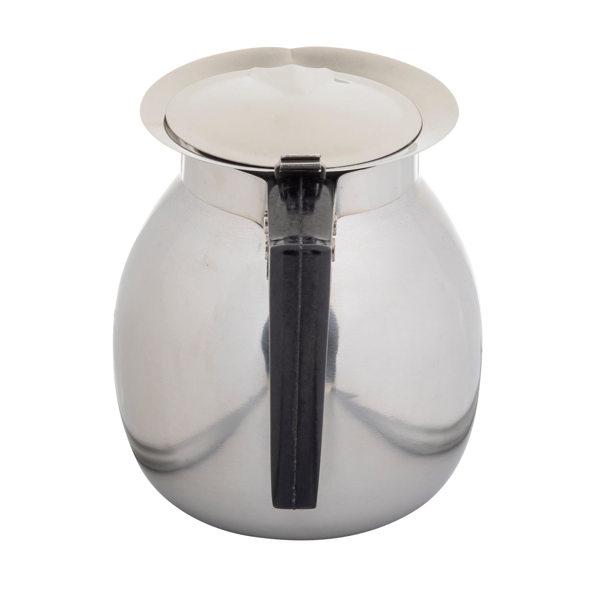 A shiny 64 oz. stainless steel coffee server with a round body, black plastic handle, and matching metal lid. Photographed on a white background, its reflective surface captures light and nearby details beautifully.