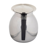 A shiny 64 oz. stainless steel coffee server with a round body, black plastic handle, and matching metal lid. Photographed on a white background, its reflective surface captures light and nearby details beautifully.
