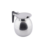 A shiny, stainless steel coffee server with a round body, hinged lid, and black plastic handle is shown on a white background. The reflective surface highlights its 64 oz capacity and simple, functional design.