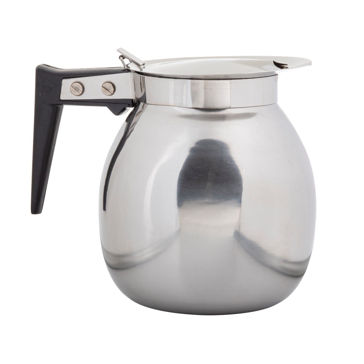 A shiny stainless steel coffee server with a 64 oz. capacity features a black plastic handle and two visible screws. Its rounded body, flat base, and short spout are complemented by a hinged lid beside the handle. The background is plain white.