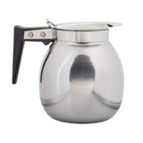 A shiny stainless steel coffee server with a 64 oz. capacity features a black plastic handle and two visible screws. Its rounded body, flat base, and short spout are complemented by a hinged lid beside the handle. The background is plain white.