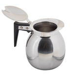 A shiny 64 oz stainless steel kettle with a black handle and an open hinged lid, showing the empty interior. The rounded body reflects light, making it perfect as a coffee server against the plain white background.