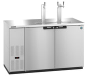 A stainless steel Draft Beer Cooler kegerator with two tall tap towers and faucet handles, double doors with black handles, a digital temperature display, and a left vent panel. This direct draw unit stands on black feet against a white background.
