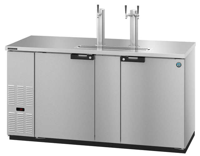 A large commercial Hoshizaki Direct Draw beer kegerator with two doors and tall taps. It features a small digital display, lower-left ventilation panel, smooth metallic finish, and a raised drip tray beneath the taps for draft beer cooling.