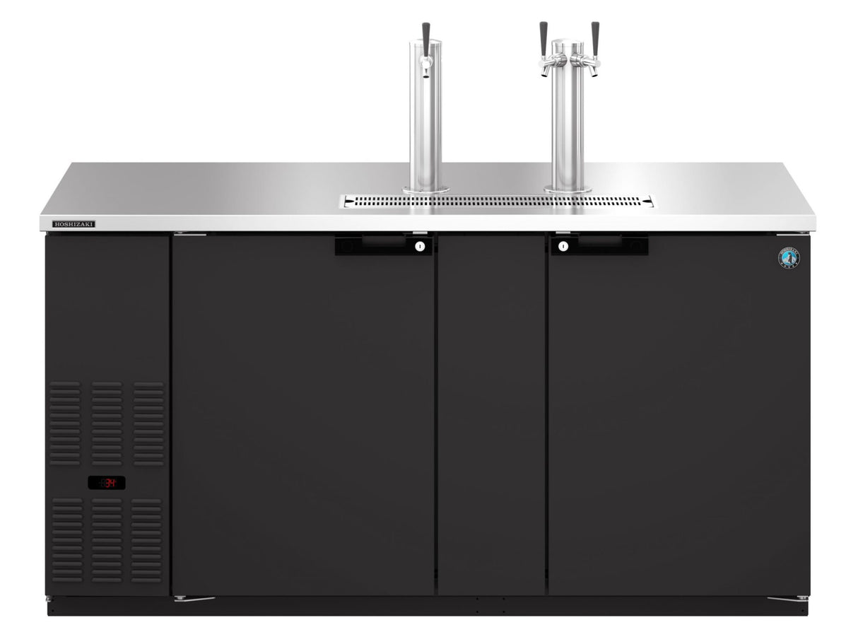 A modern Hoshizaki commercial Draft Beer Cooler with a sleek black body, double doors, and two stainless steel Direct Draw beer towers, each with two taps. A digital display at the lower left corner completes its professional design.