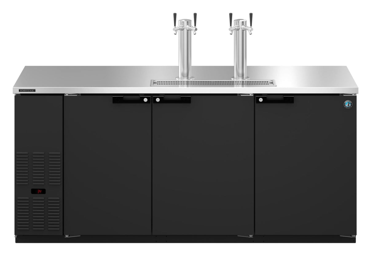 A commercial black Hoshizaki DD80 draft beer cooler with three front doors, a stainless steel top, and two direct draw columns—each featuring two tap handles—is shown. Vents and a digital display appear on the lower left of the clean unit.
