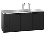 A commercial black Hoshizaki DD80 draft beer cooler with three doors and a stainless steel countertop features two direct draw beer taps and a built-in drip tray. Vents and digital controls are on the left, with a blue badge on the rightmost door.