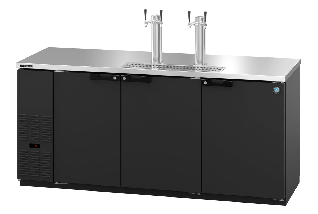 A sleek commercial black bar refrigerator, the Hoshizaki DD80 direct draw draft beer cooler features three doors, a stainless steel countertop, and two beer taps with drip trays. Its side vent and digital display make it perfect for any bar or restaurant.