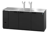 A sleek commercial black bar refrigerator, the Hoshizaki DD80 direct draw draft beer cooler features three doors, a stainless steel countertop, and two beer taps with drip trays. Its side vent and digital display make it perfect for any bar or restaurant.