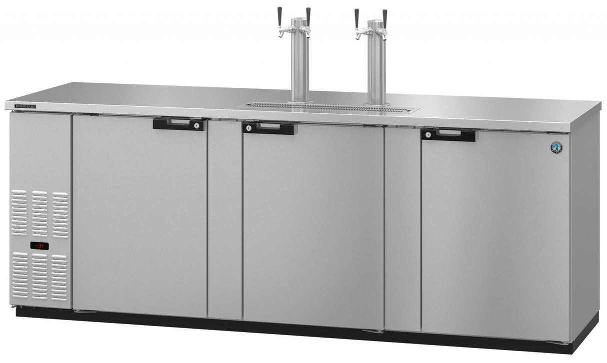 A commercial three-section stainless steel Draft Beer Cooler with self-contained refrigeration, featuring three doors, two beer tap towers on top, and a reflective surface—ideal for bars or restaurants.