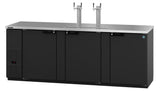 A sleek, modern black Draft Beer Cooler with a Three-Section design features three doors and a stainless steel top. Two silver beer taps are mounted in the center above a drip tray, perfect for direct draw dispensing on any white background.