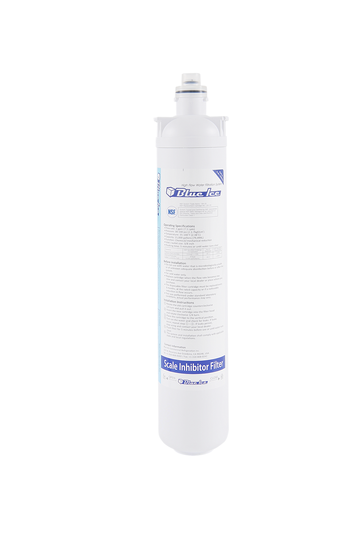 A white cylindrical Replacement Filtration Cartridge stands upright against a plain background. The label reads “Omnipure Scale Inhibitor Filter,” highlighting scale reduction for ice machines, with technical details in blue and black text.