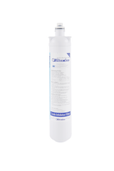 A white cylindrical Replacement Filtration Cartridge stands upright against a plain background. The label reads “Omnipure Scale Inhibitor Filter,” highlighting scale reduction for ice machines, with technical details in blue and black text.
