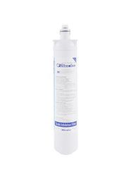 A white cylindrical Replacement Filtration Cartridge stands upright against a plain background. The label reads “Omnipure Scale Inhibitor Filter,” highlighting scale reduction for ice machines, with technical details in blue and black text.