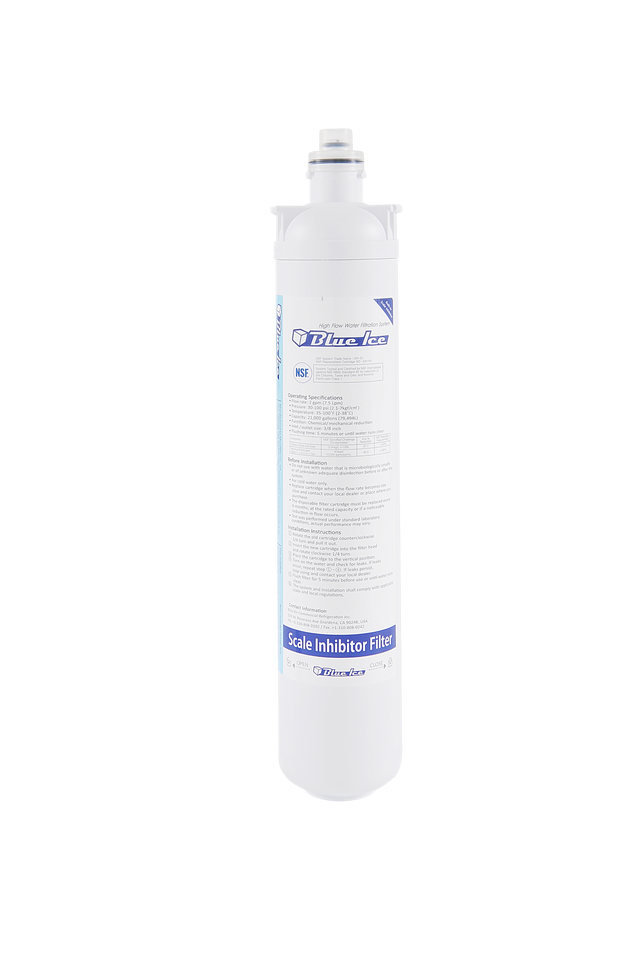 A white cylindrical Replacement Filtration Cartridge stands upright against a plain background. The label reads “Omnipure Scale Inhibitor Filter,” highlighting scale reduction for ice machines, with technical details in blue and black text.