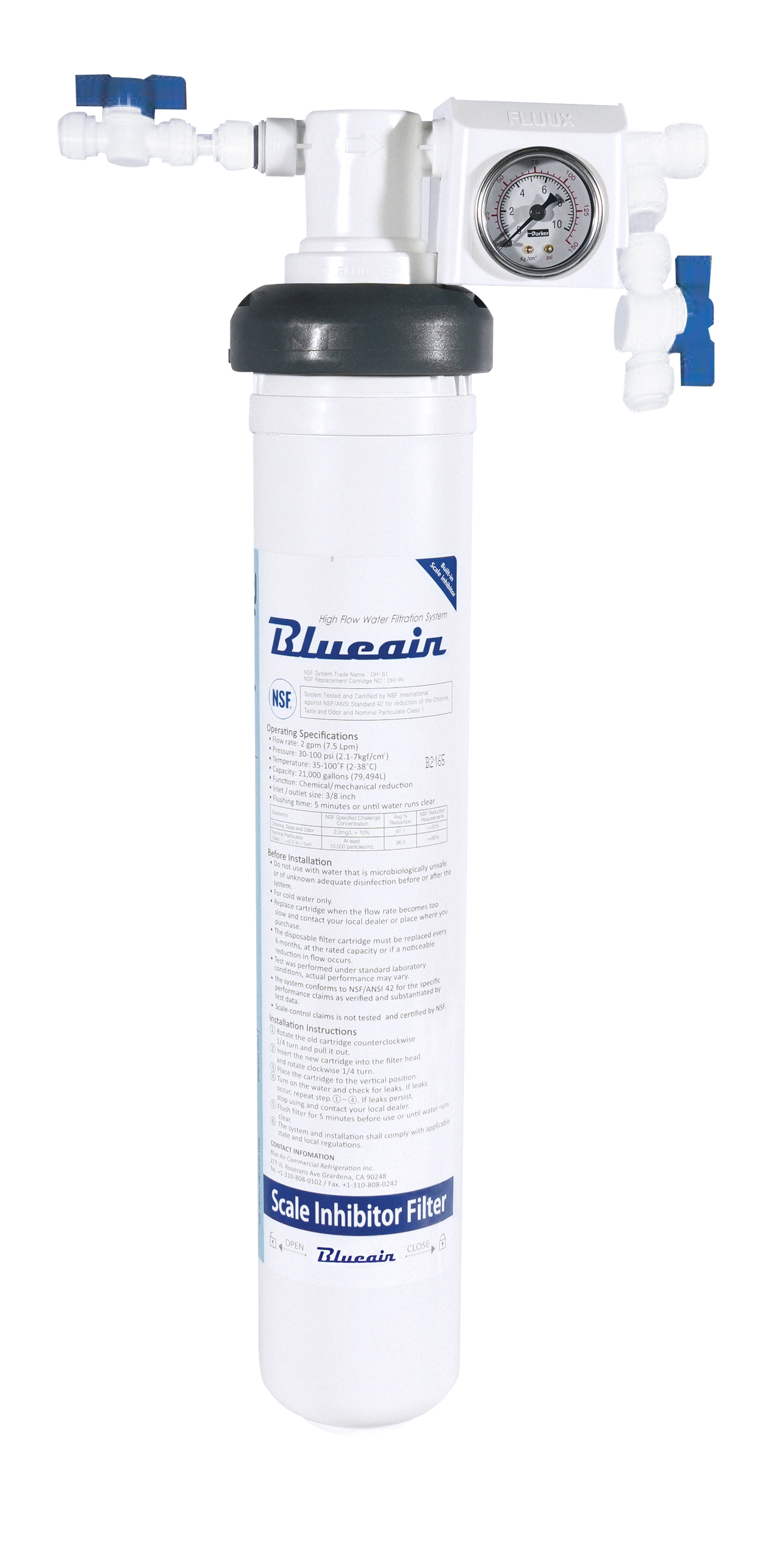 A white cylindrical water filter labeled Blueain Scale Inhibitor Filter is mounted vertically. Ideal for ice machine filtration, it features a pressure gauge, connector valves, and black cap, with text and specifications on the filter body.