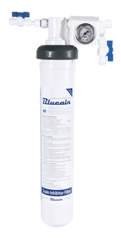 A white cylindrical water filter labeled Blueain Scale Inhibitor Filter is mounted vertically. Ideal for ice machine filtration, it features a pressure gauge, connector valves, and black cap, with text and specifications on the filter body.