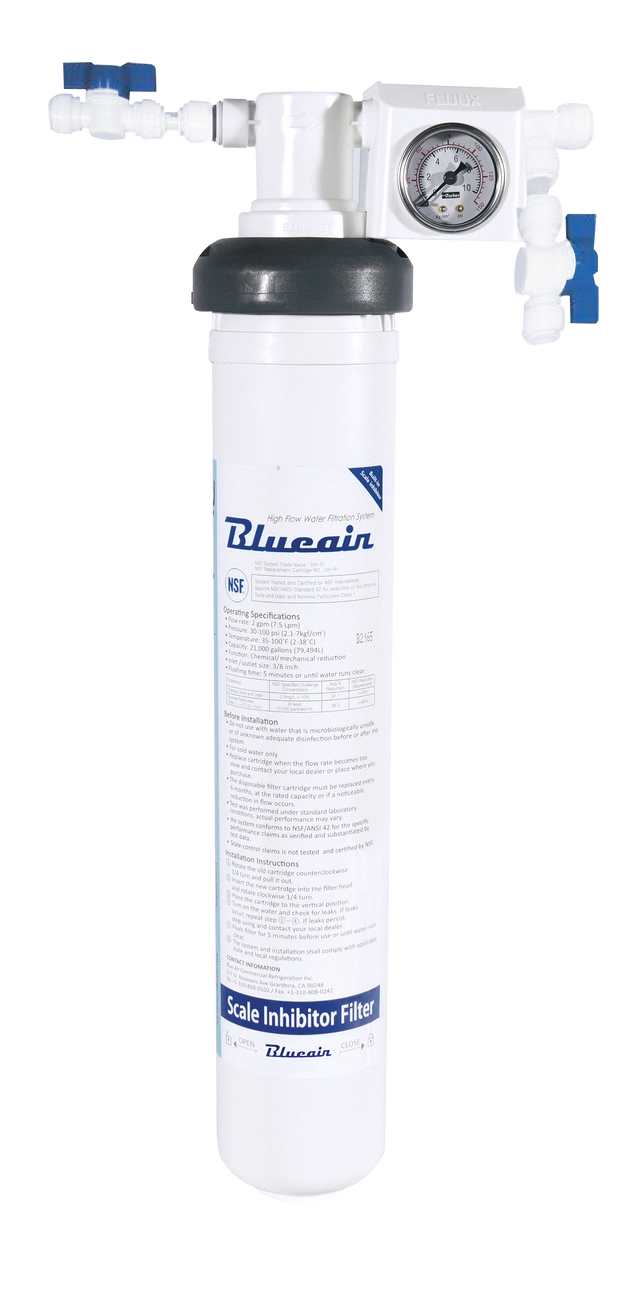 A white cylindrical water filter labeled Blueain Scale Inhibitor Filter is mounted vertically. Ideal for ice machine filtration, it features a pressure gauge, connector valves, and black cap, with text and specifications on the filter body.