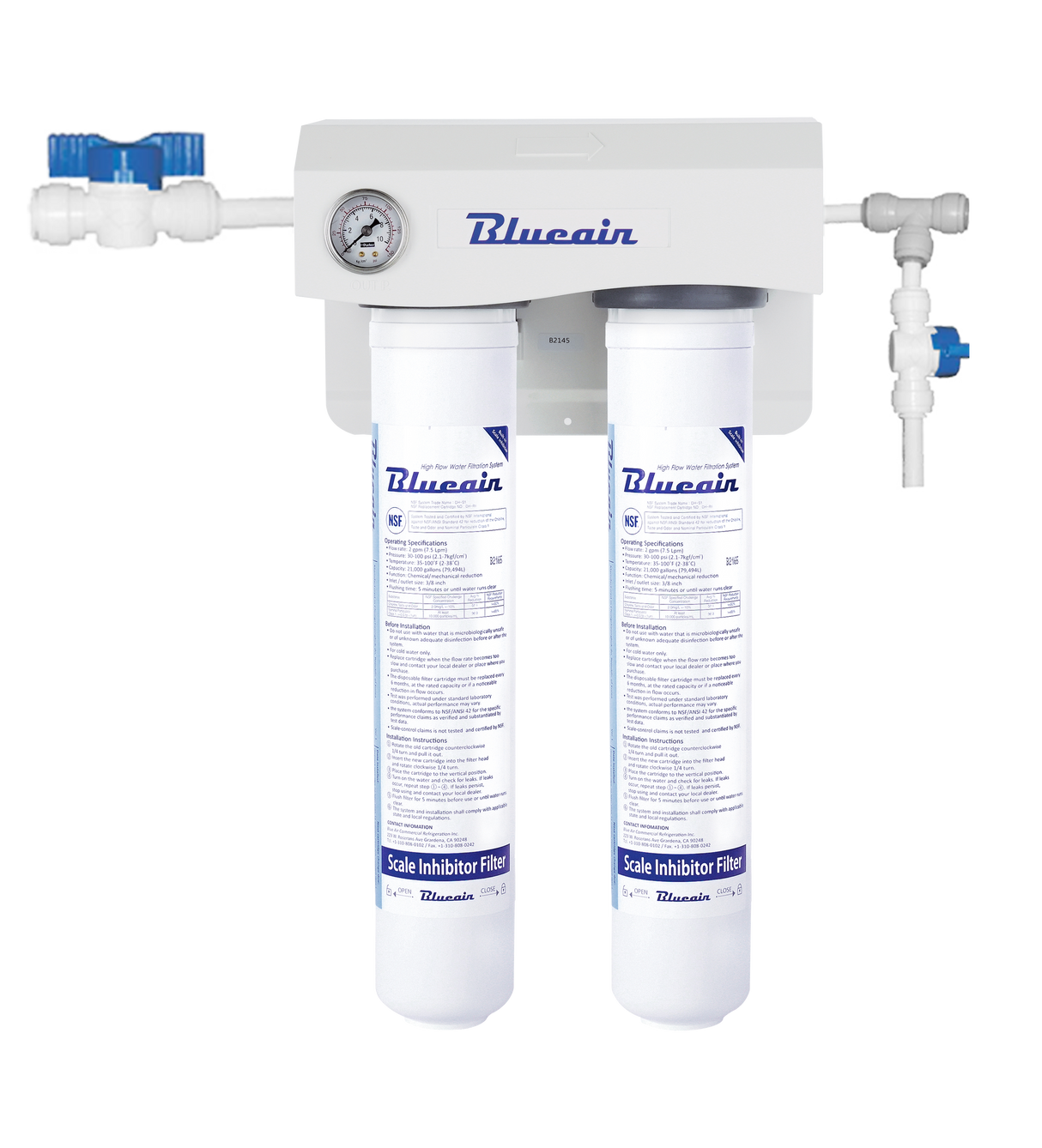 A Blueair dual filtration system mounted on a wall, featuring two vertical cylindrical filters with labels, a small pressure gauge, pipes, and a blue valve. The setup ensures scale reduction, ideal for use as an ice machine water filter.