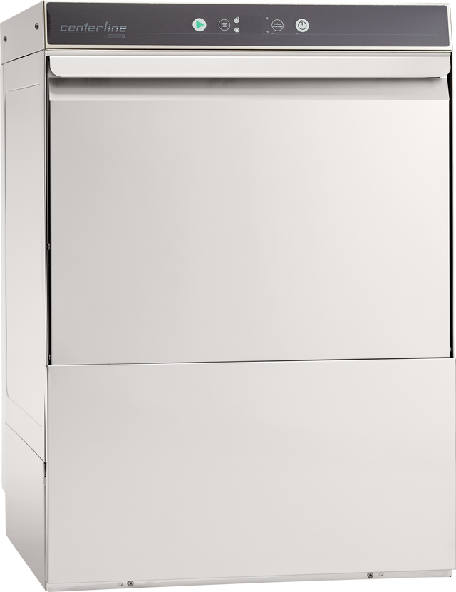 A commercial Centerline Dishwasher with a modern, industrial design features high temperature sanitizing, a large front door, control panel with buttons and indicator lights, and is ideal for professional kitchens.