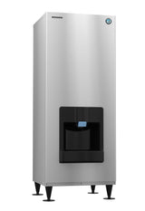 A tall, silver Hoshizaki commercial ice dispenser with a black dispensing area and digital display stands on four black legs. The stainless steel finish and blue logo highlight its Crescent Cube-Style efficiency for modern spaces.
