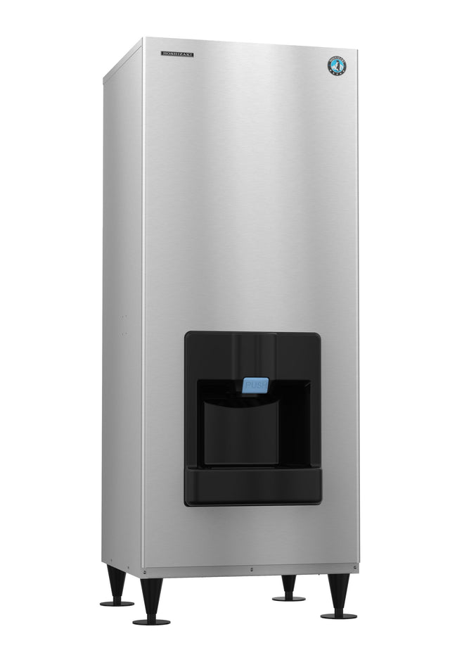 A tall, silver Hoshizaki commercial ice dispenser with a black dispensing area and digital display stands on four black legs. The stainless steel finish and blue logo highlight its Crescent Cube-Style efficiency for modern spaces.