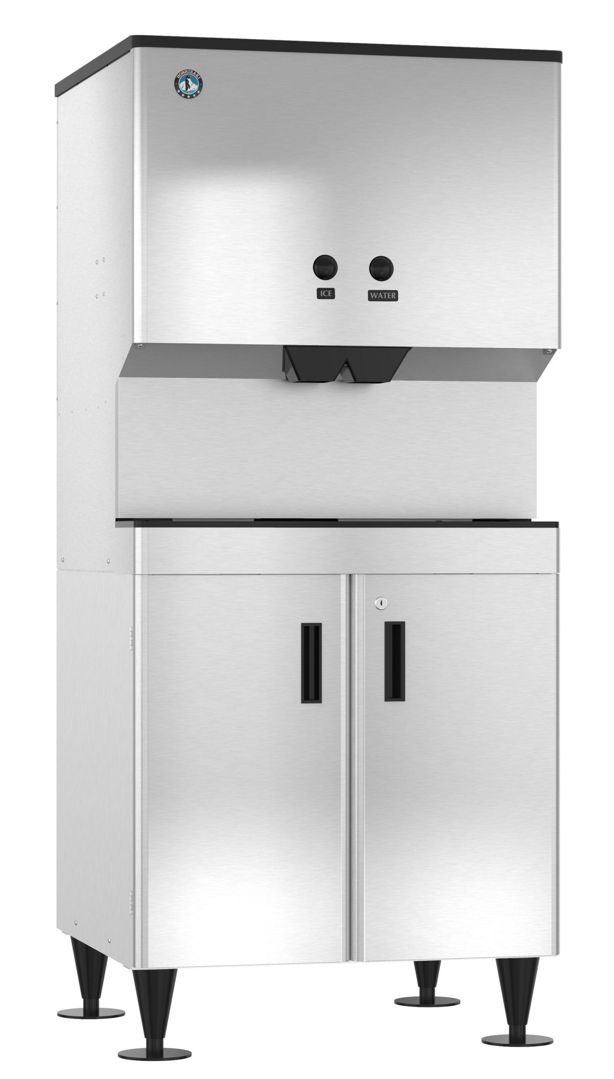 A sleek, industrial Hoshizaki DM-200B Ice & Water Dispenser with push buttons for “Ice” and “Water.” This commercial unit features a 200-lb ice capacity, double doors below for storage or access, and stands on four sturdy black legs.