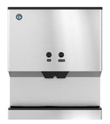 The Hoshizaki DM-200B Ice & Water Dispenser features a sleek, modern design with two push buttons, a dispensing chute, drip tray, and impressive 200-lb ice capacity—perfect for busy commercial settings.