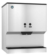 The Hoshizaki DM-200B Ice & Water Dispenser features a sleek stainless steel design, two black push buttons for ICE and WATER, dual chutes, and a blue and white logo. It offers a generous 200-lb ice capacity for busy environments.