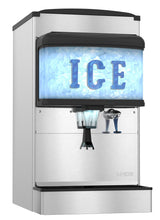 A stainless steel Ice & Water Dispenser with a 200-lb. ice capacity features a front panel showing a pile of ice and large, blue, illuminated ICE letters. It includes a clear chute, water nozzle, and Lancer branding engraved at the bottom.