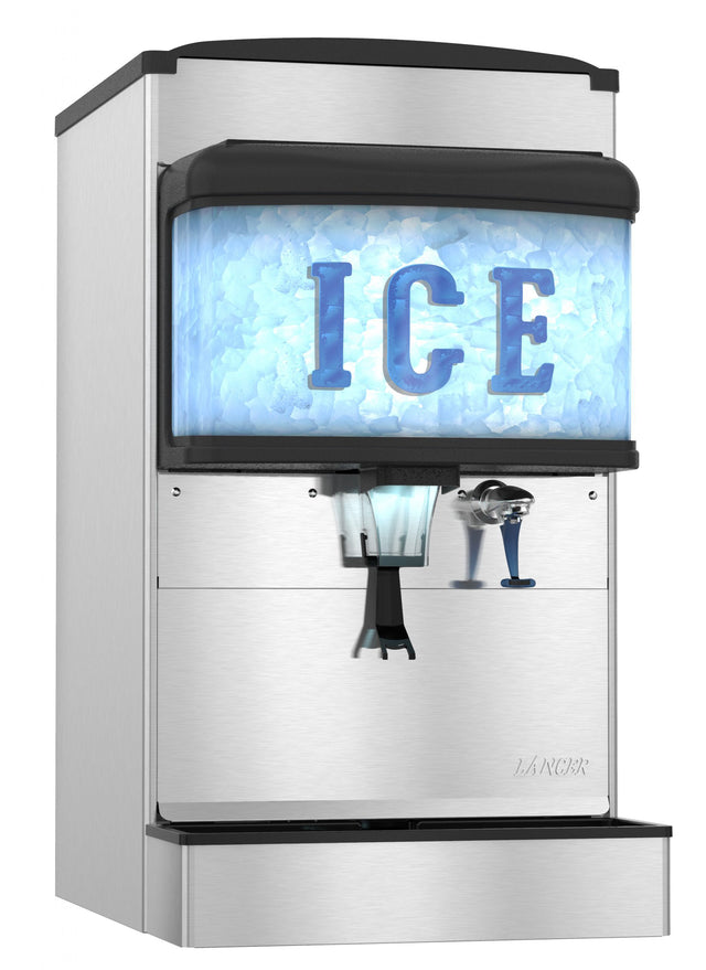 A stainless steel Ice & Water Dispenser with a 200-lb. ice capacity features a front panel showing a pile of ice and large, blue, illuminated ICE letters. It includes a clear chute, water nozzle, and Lancer branding engraved at the bottom.