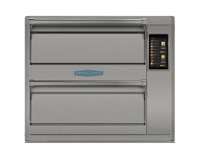 A sleek, industrial stainless steel TurboChef Double Batch Oven with two horizontal doors and a vertical digital touchscreen panel. This ventless countertop oven features menu icons, cooking times, and can accommodate a 16" pizza capacity.