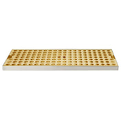 A rectangular wooden surface mount drip tray with a grid of evenly spaced round holes, bordered by a white frame. The tray appears flat and is shown against a plain white background.