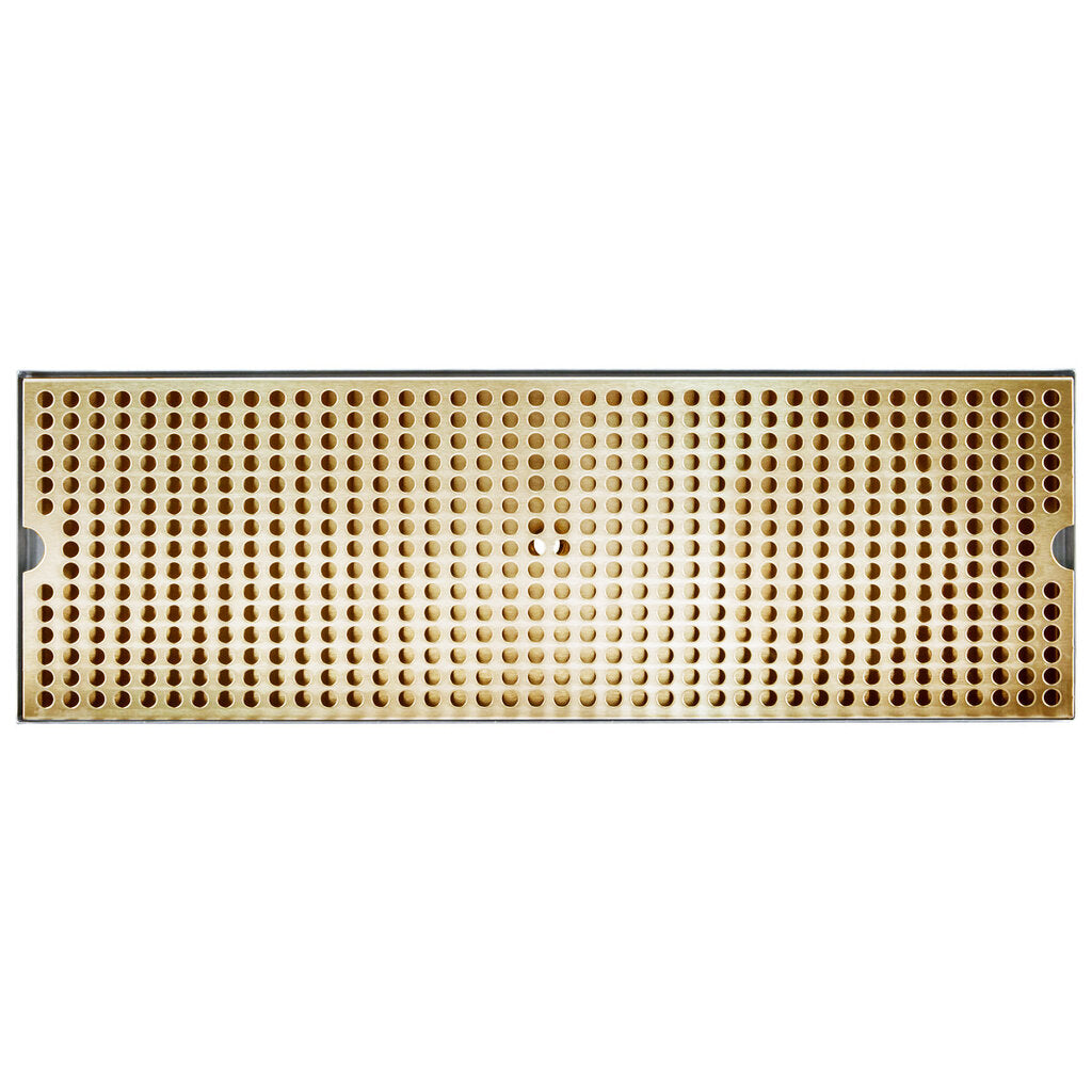 A rectangular gold grater plate with a grid of small round holes, similar to a stainless steel drip tray. The reflective metallic surface has two small notches on the shorter sides for attachment and is viewed from above on a plain white background.