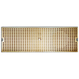 A rectangular gold grater plate with a grid of small round holes, similar to a stainless steel drip tray. The reflective metallic surface has two small notches on the shorter sides for attachment and is viewed from above on a plain white background.