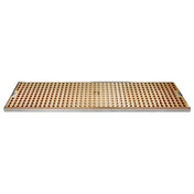 A rectangular surface mount drip tray with a silver frame and a perforated gold PVD brass grid, featuring evenly spaced circular holes—perfect for draining and resting glasses in any bar or kitchen setting.