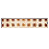 Rectangular perforated PVD brass grid plate with evenly spaced circular holes in a grid pattern, light brown in color, viewed from above. The plate has a smooth surface and two small notches on the shorter edges near the sides.