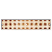 Rectangular perforated PVD brass grid plate with evenly spaced circular holes in a grid pattern, light brown in color, viewed from above. The plate has a smooth surface and two small notches on the shorter edges near the sides.