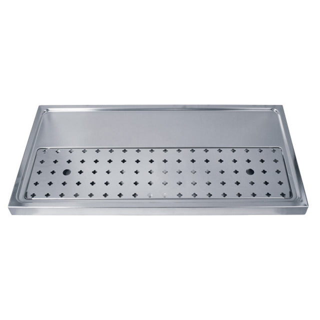 A rectangular stainless steel platform drip tray with a perforated, removable top cover featuring diamond-shaped holes and two circular holes, set within a shallow raised border. This surface mount tray has a smooth, reflective finish for catching liquid spills.