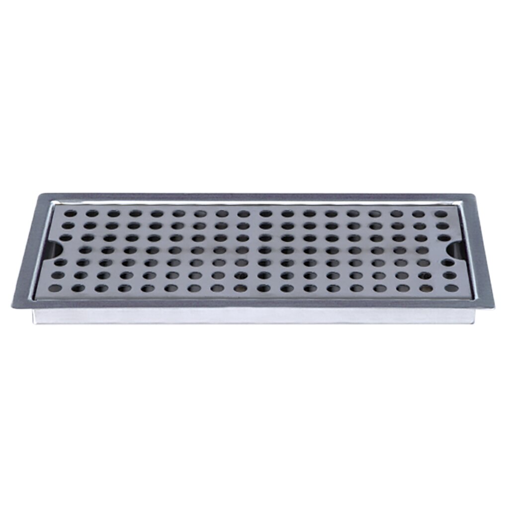 Rectangular drop-in stainless steel drain cover with a flat frame and evenly spaced round holes. The smooth, shiny finish and slightly raised edge make it ideal for water drainage in bathrooms or kitchens.