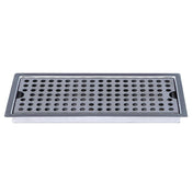 Rectangular drop-in stainless steel drain cover with a flat frame and evenly spaced round holes. The smooth, shiny finish and slightly raised edge make it ideal for water drainage in bathrooms or kitchens.
