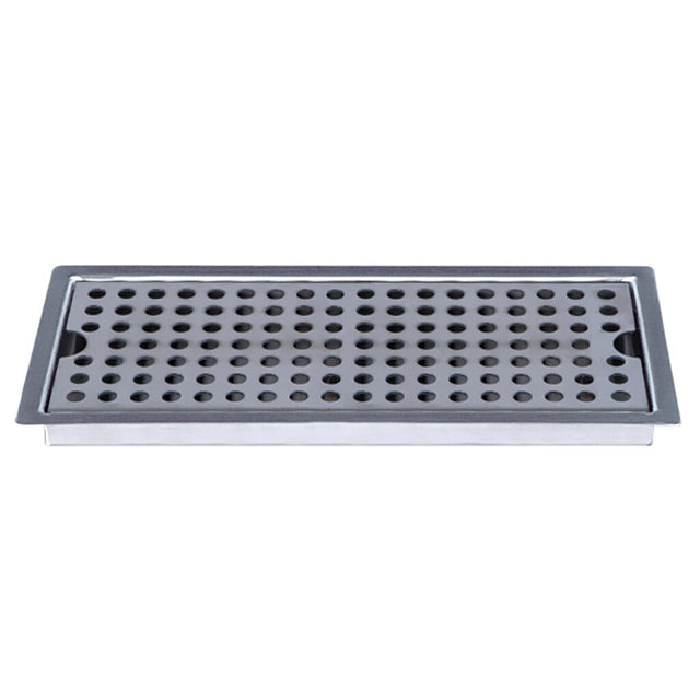 Rectangular drop-in stainless steel drain cover with a flat frame and evenly spaced round holes. The smooth, shiny finish and slightly raised edge make it ideal for water drainage in bathrooms or kitchens.